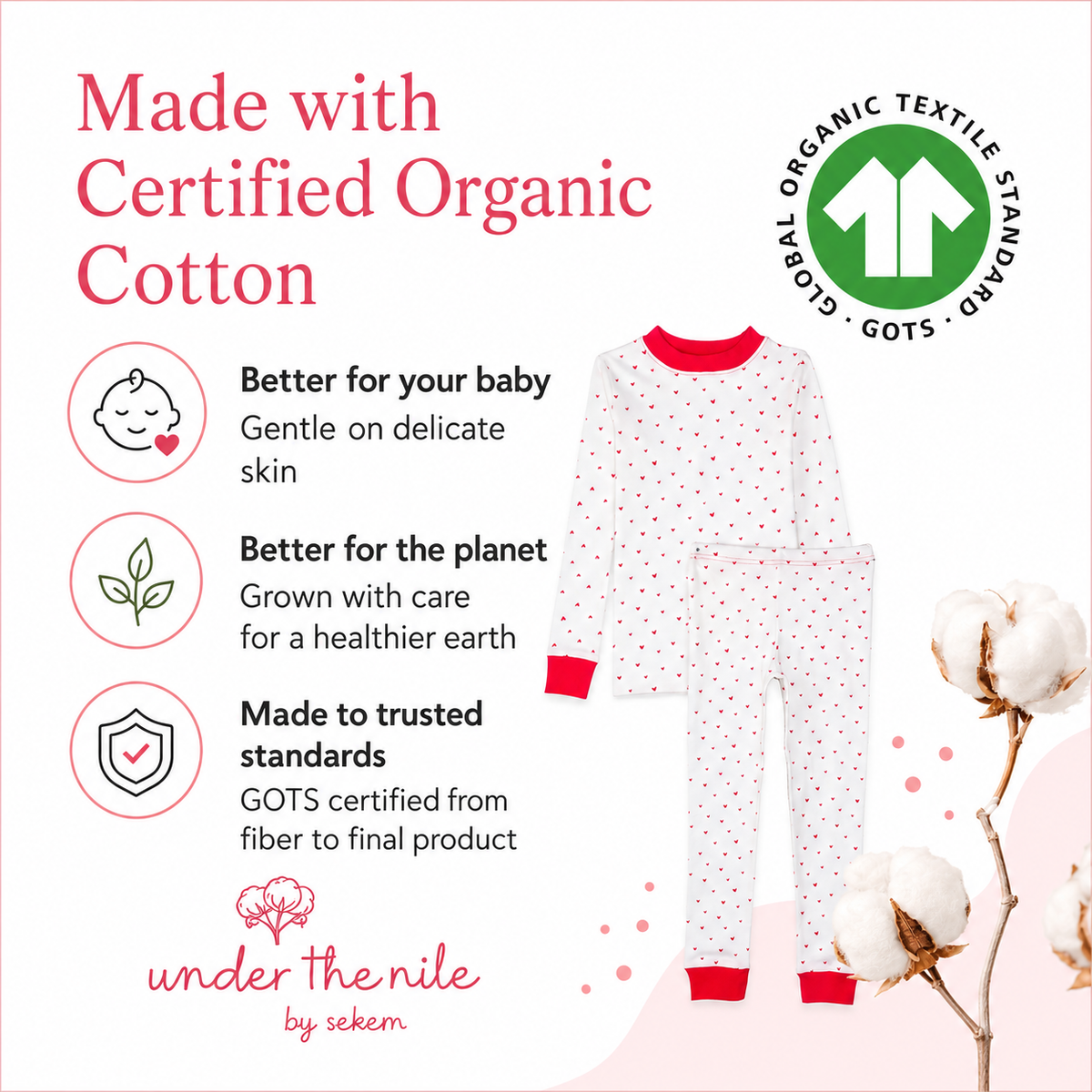 Organic Cotton Toddler Long Johns – Red Hearts